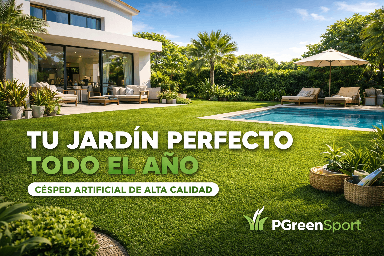 Jardín de lujo con piscina y césped artificial PGreen Sport