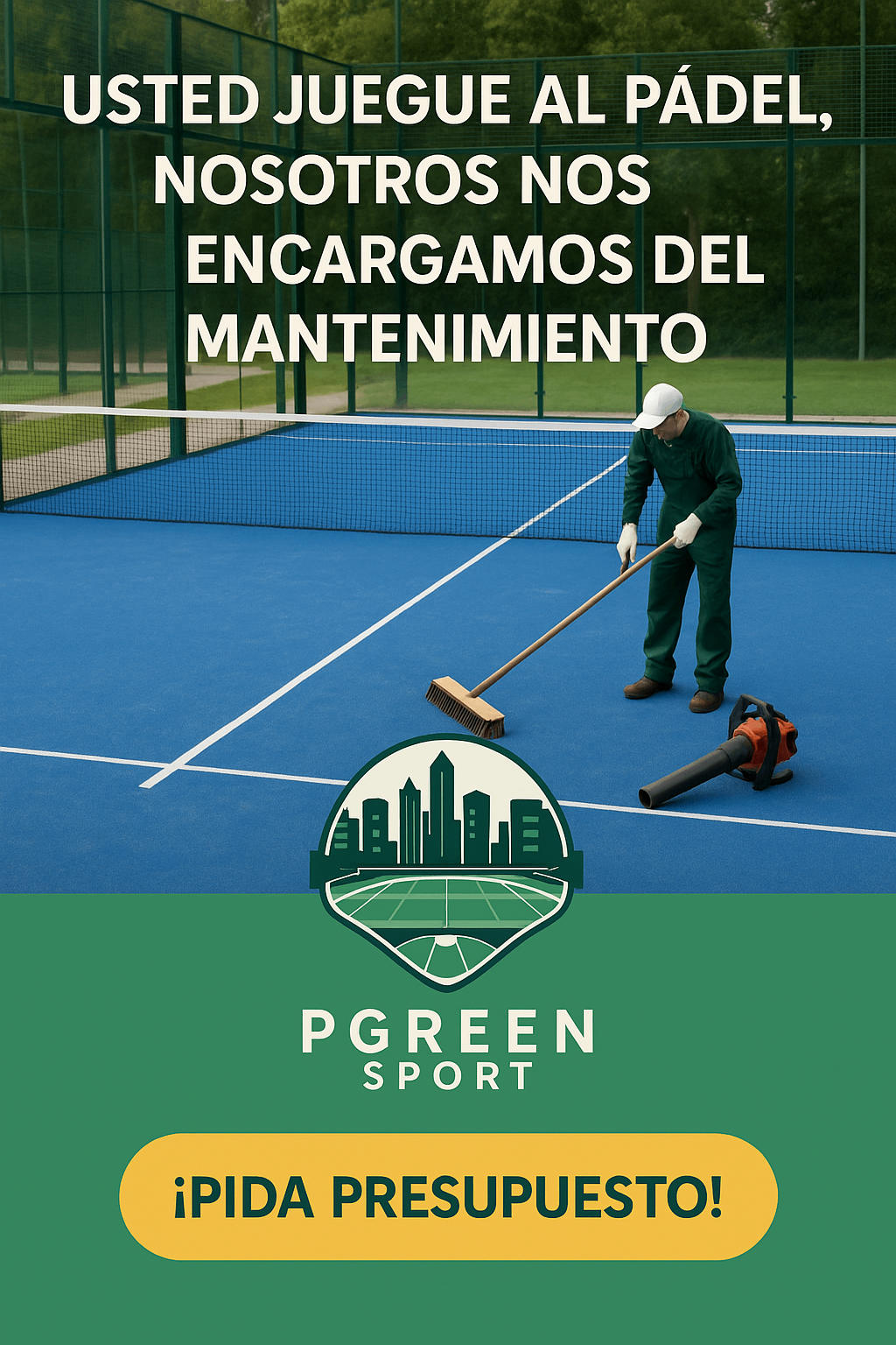 Trabajador limpiando una pista de pádel con logo PGreen Sport